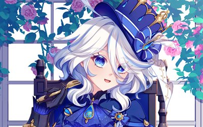 furina de fontaine, バラ, genshin impact, 主人公, 青い目, アニメキャラクター, 水中, アートワーク, genshinはキャラクターに影響を与えます, furina de fontaine genshin impact