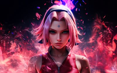 sakura haruno, 4k, 3d art, personaggi di naruto, fiamme di fuoco, manga, opera d'arte, haruno sakura, uchiha sakura, naruto, sakura haruno naruto