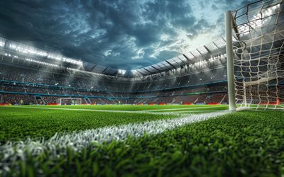 football stadium, 4k, football pitch edge, goal, sport arena, abstract art, soccer stadium, artwork, sports concepts, football, soccer, stands, packed stadium, stadium full of spectators, floodlights at the stadium, stadiums
