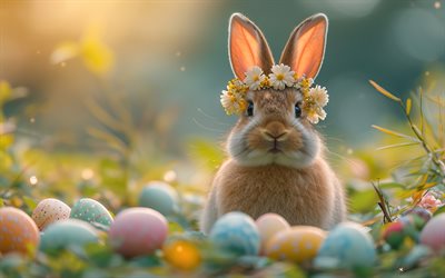 conejito de pascua, 4k, bokeh, huevos de pascua, fondo con conejito, conejo, conejito, felices pascuas, dibujos animados conejito de pascua, pascua de resurrección