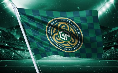 4k, logo gimpo fc, club de football sud coréen, drapeau du stade, drapeau des fans de gimpo fc, drapeau vert, emblème gimpo fc, k league 2, corée du sud, football, gimpo fc