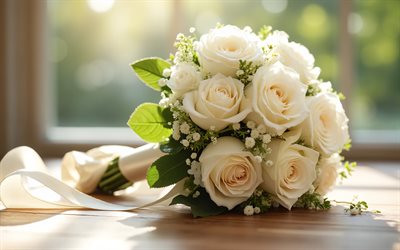 bröllopsbukett av vita rosor, brudbukett, vita rosor, vit bröllopsbukett, bröllop koncept, rosor bukett, bröllop, rosor