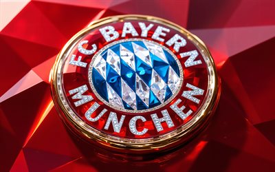FC Bayern Munich glass logo, red 3D background, FC Bayern Munich glass emblem, FC Bayern Munich logo, Germany, football, FC Bayern Munich, Bayern Munich logo, Bayern Munich