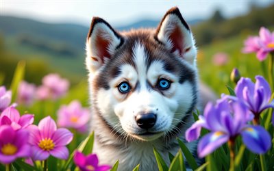 4k, sibirya husky yavrusu, mavi gözlü, bahar, bokeh, köpekler, sevimli hayvanlar, yavru köpekler, evcil hayvanlar, sibirya kurdu, bahar çiçekleri, husky, çimenlerin üzerinde köpek yavrusu, sibirya husky köpeği