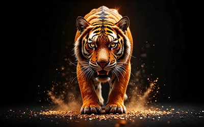 tiger, 4k, raubtier, orangefarbene steine, wildkatzen, raubtiere blicken, wilde tiere, kreative kunst, schwarzer hintergrund, tiger im dunkeln, tigerblick
