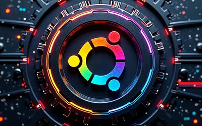 abstraktes ubuntu logo, 4k, dunkler high tech hintergrund, bunte neonlichter, dirigenten, mikroschaltung, os marken, ubuntu 3d logo, marken, buntes ubuntu logo, kunstwerk, ubuntu logo, ubuntu, linux ubuntu