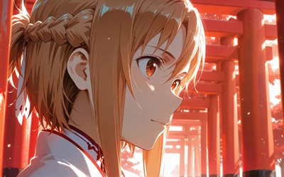 4k, yuuki asuna, de cerca, puertas torii, arte de espada en línea, kimono blanco, manga, protagonista, asuna yuuki, personajes de sword art online, asuna, yuuki asuna espada arte en línea