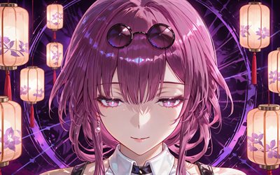 4k, kafka, lanterne giapponesi, honkai star rail, manga, sfondo astratto viola, personaggi dell'anime, personaggi honkai star rail, kafka honkai star rail