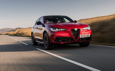 4k, alfa romeo stelvio intensa, yol, 2026 araba, hareket bulanıklığı, birleşik krallık'a özgü, geçitler, alfa romeo stelvio, dış, 2026 alfa romeo stelvio, italyan arabaları, alfa romeo