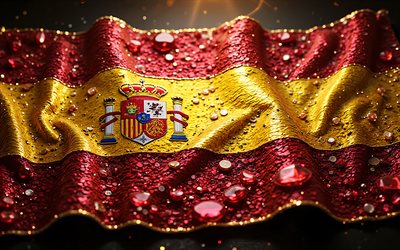 bandera española, 4k, piedras preciosas, bandera de españa, cristales, piedras brillantes, españa, arte creativo, piedras preciosas rojas amarillas, cristales amarillos rojos