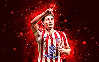 4k, Julian Alvarez, red abstract background, Atletico Madrid, La Liga, Argentine footballers, Julian Alvarez 4K, football, soccer, red neon lights, Atletico Madrid FC, LaLiga, Julian Alvarez Atletico Madrid