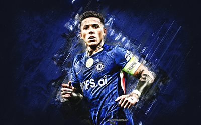 enzo fernández, chelsea fc, portrait, footballeur argentin, célébration du but, fond de pierre bleue, chelsea, art grunge, première ligue, angleterre, enzo fernández chelsea, football