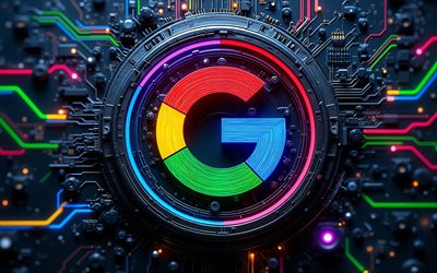 google abstrakt logotyp, 4k, mörk högteknologisk bakgrund, färgglada neonljus, ledare, mikrokrets, internetföretags varumärken, google 3d logotyp, varumärken, googles färgglada logotyp, konstverk, googles logotyp, google