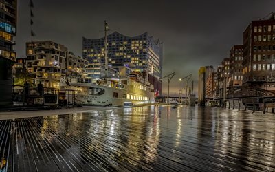 Elbphilharmonie, Hamburg, night, embankment, Elphi, Elbe Philharmonic Hall, Elbe River, Grasbrook peninsula, Germany, HafenCity quarter of Hamburg