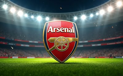 arsenal fc metalllogga, 4k, fotbollsstadion, strålkastare, premier league, fotboll, arsenal fc logotyp, engelska fotbollslaget, arsenal fc 3d logotyp, arsenal fc