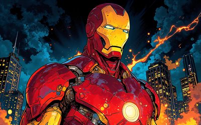 Iron Man, 4k, nightscape, buildings, Marvel Comics, superheroes, fire flames, Iron Man Art, creative, Iron Man 4K, IronMan