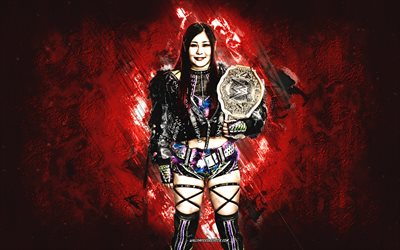 Iyo Sky, WWE, Japanese wrestler, red stone background, Iyo Sky wrestler, WWE Champion, grunge art, Iyo Sky with championship belt, USA, wrestling, Masami Odate, Iyo Sky WWE, World Wrestling Entertainment