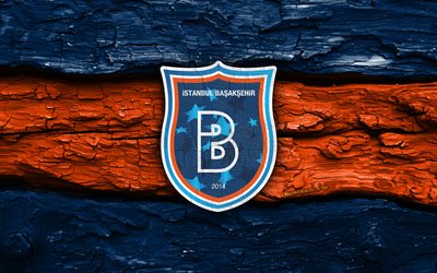 Istanbul Basaksehir wooden logo, 4k, blue orange wooden background, Super Lig, soccer, Istanbul Basaksehir logo, football, Istanbul Basaksehir emblem, Istanbul Basaksehir, turkish football club, Istanbul Basaksehir FC
