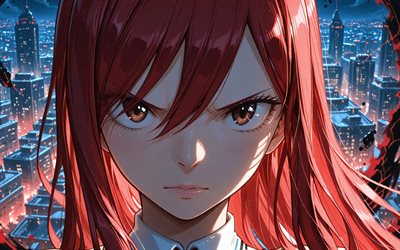 4k, erza escarlata, noche, paisaje urbano, cola de hadas, oscuridad, manga, personajes de anime, torii, personajes de cola de hadas, guerrero, erza ​​escarlata cola de hadas
