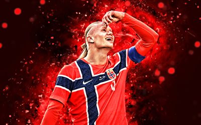 4k, Erling Haaland, joy, red neon lights, Norway national football team, UEFA, Norway, norwegian footballers, Erling Haaland 4K, football, soccer, national teams, Erling Braut Haaland, Erling Haaland Norway Team