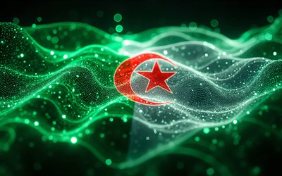 4k, bandera brillante de argelia, bokeh, bandera de argelia, día de argelia, arte 3d, bandera argelina, bandera de neón de argelia, ondas de neón bandera de argelia, bandera de argelia 3d, bandera abstracta de argelia, argelia