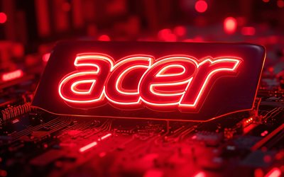 4k, logotipo brilhante da acer, escuridão, fundo vermelho de alta tecnologia, microcircuitos, condutores, marcas de eletrônicos, bokeh, logotipo da acer no microcircuito, marcas, logotipo neon vermelho da acer, obra de arte, logotipo da acer, acer