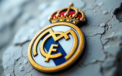 Real Madrid stone logo, white stone background, Real Madrid emblem, Real Madrid logo, Real Madrid sign, La Liga, Spain, football, Real Madrid, Real Madrid CF logo, Real Madrid CF