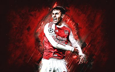 Martin Zubimendi, Arsenal FC, Spanish footballer, red stone background, goal celebration, grunge art, Arsenal, Premier League, England, football, Martin Zubimendi Arsenal FC