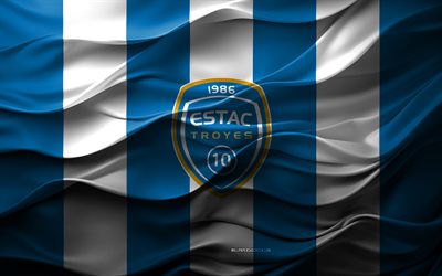 4k, ES Troyes logo, blue white 3D background, ES Troyes emblem, Ligue 2, French football team, ES Troyes flag, 3D texture, ES Troyes, football, France