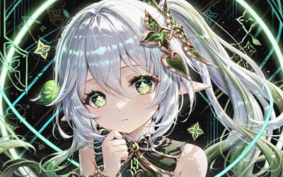 Nahida, 4k, green neon rings, darkenss, Genshin Impact, green abstract background, japanese lanterns, green eyes, protagonist, manga, Genshin Impact characters, artwork, Nahida Genshin Impact