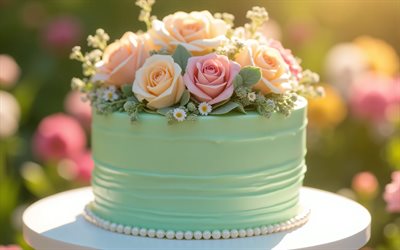 Green spring cake, 4k, cake decorated with flowers, roses on top of the cake, spring cake, sweets, baking, spring cake ideas
