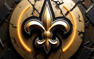 logo 3d des saints de la nouvelle orléans, 4k, fond 3d en métal, nfl, football américain, logo en métal des saints de la nouvelle orléans, rayons néon beiges, logo des saints de la nouvelle orléans, équipe de football américain, saints de la nouvelle orléans