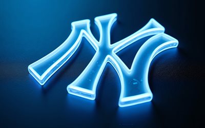 new york yankees neon logotyp, blå bakgrund, blått ljus, new york yankees tecken, bronx bombplan, new york yankees emblem, baseball, mlb, usa, the yanks, new york yankees logotyp, new york yankees