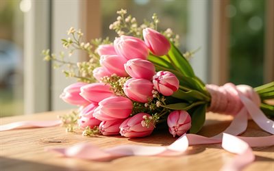 Pink tulips, 4K, wedding bouquet, wedding concepts, bridal bouquet, wedding bouquet of pink tulips, tulips bridal bouquet, tulips, pink wedding bouquet