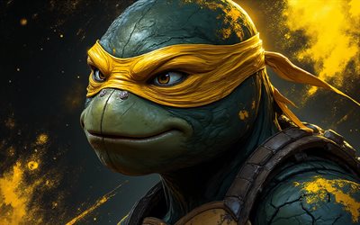 4k, 미켈란젤로, 노란색 페인트가 튀다, 십대 돌연변이 닌자 거북이, 그런지 예술, 창의적인, tmnt 문자, 돌연변이 거북이, 미켈란젤로 3d, tmnt, 닌자 거북이, 미켈란젤로 tmnt, 미켈란젤로 4k