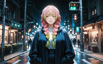 4k, Mitsuri Kanroji, black cloak, night, Demon Slayer, street, green eyes, protagonist, pink hair, Demon Slayer Kimetsu no Yaiba, manga, Kanroji Mitsuri, Demon Hunter, Mitsuri Kanroji Kimetsu no Yaiba