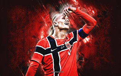 Erling Haaland, Norway national football team, portrait, Norwegian footballer, 2026, burgundy stone background, grunge art, Norway, Erling Haaland Norway