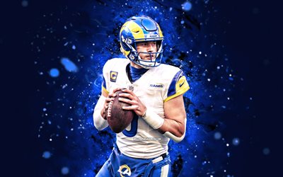 4k, Matthew Stafford, blue neon lights, Los Angeles Rams, NFL, American football players, Matthew Stafford 4K, American football, National Football League, Matthew Stafford Los Angeles Rams