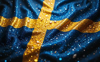 Swedish flag, 4K, gemstones, flag of Sweden, crystals, shiny stones, Sweden, creative art, blue gemstones, blue yellow crystals, Sweden flag
