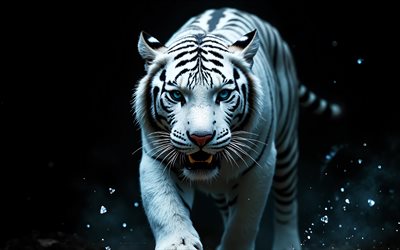 tigre blanco, 4k, depredador, piedras blancas, tigre con ojos azules, gatos salvajes, animales salvajes, tigres blancos, arte creativo, fondo negro, tigre blanco en la oscuridad, tigre