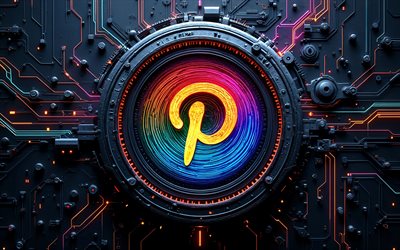 Pinterest abstract logo, 4k, dark hi-tech background, colorful neon lights, conductors, microcircuit, social networks, Pinterest 3D logo, brands, Pinterest colorful logo, artwork, Pinterest logo, Pinterest