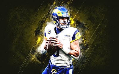 Matthew Stafford, Los Angeles Rams, National Football League, American football player, yellow stone background, grunge art, NFL, USA, American football, Matthew Stafford Los Angeles Rams