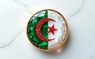 bandera de argelia, 4k, bandera de argelia dentro de una piedra preciosa, fondo blanco, piedra preciosa, fondo de cristal blanco, argelia, bandera argelina