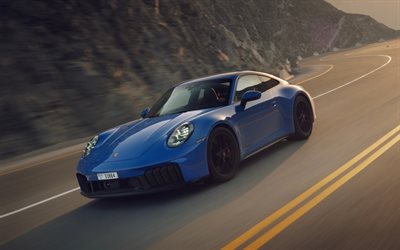 porsche 911 carrera gts, 4k, carretera, 2026 coches, desenfoque de movimiento, porsche 911 carrera gts azul, superdeportivos, 2026 porsche 911 carrera gts, coches alemanes, porsche