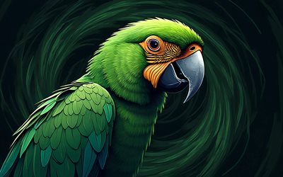 الببغاء الأمازون, 4k, عمل فني, الببغاء الأخضر الكبير, أمازونا, خلفية مجردة خضراء, الببغاوات, الببغاء الأخضر, طيور جميلة, فن الببغاوات, الطيور مجردة