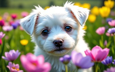 4k, chiot maltais, gros plan, printemps, bokeh, chiens, animaux mignons, chiots, animaux de compagnie, maltais, fleurs de printemps, chiot sur la pelouse, chien maltais