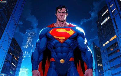 4k, 초인, 푸른 도시 풍경, 만화 예술, 슈퍼 히어로, 마블 코믹스, 슈퍼맨 아트, 팬 아트, 슈퍼맨 4k