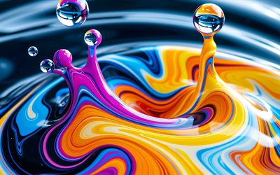 caída de una gota, 4k, de cerca, gotas, pintura mezclada, pintura multicolor, vórtice, ondas coloridas en 3d, ondas abstractas, curvas abstractas