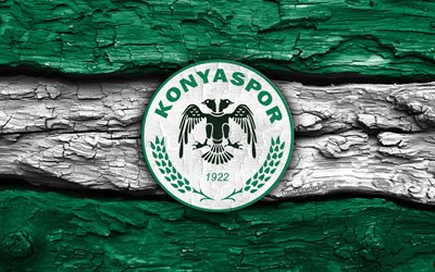 logotipo de madeira do konyaspor, 4k, fundo de madeira branco verde, superliga, futebol, logotipo do konyaspor, emblema do konyaspor, konyaspor, clube de futebol turco, konyaspor fc