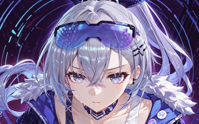 4k, lobo prateado, fundo abstrato violeta, trilho estrela honkai, criativo, obra de arte, personagens de anime, mangá, personagens honkai star rail, trilho estrela lobo prateado honkai